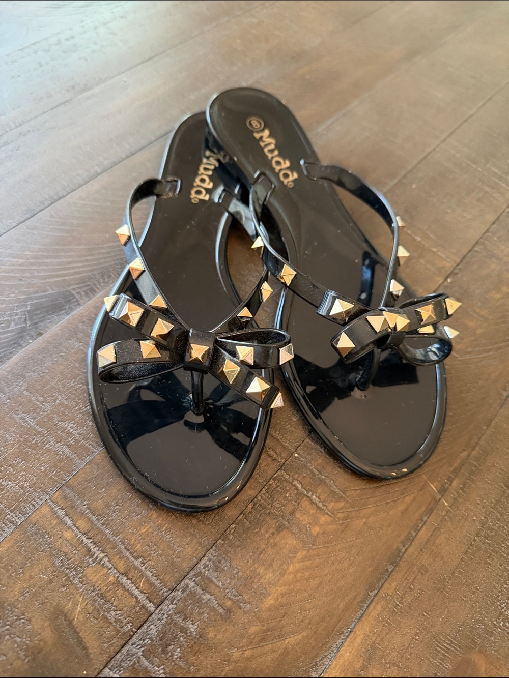 Mudd Black Jelly Bow Sandals with Gold Pyramid Studs